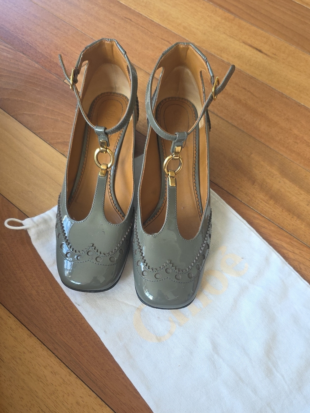 Chloe Grey Patent Leather T-Strap Heels with Gold Hardware